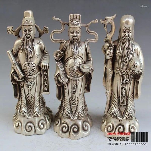 Figuras Decorativas Adornos para el hogar de Plata del Tíbet Figura mítica de China Tres Inmortales Fengshui Estatua-Riqueza Dios Longevidad Buena