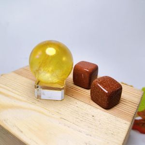 Figurines décoratives en titane Aura ange, boules de cristal jaune avec 2 Cubes de grès, sphère de galvanoplastie, guérison Reiki