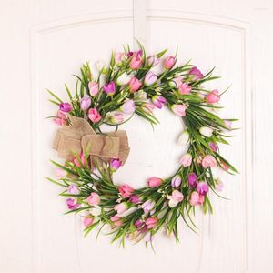 Figurines décoratives couronne de fleurs de tulipe artificielle avec noeud en lin pour porte mur fenêtre avant fête de mariage décor à la maison