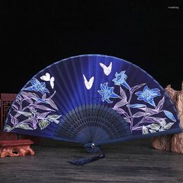 Figurines décoratives Vintage Bamboo pliant ventilateur avec Fan de soie artificielle de style chinois