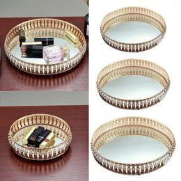 Figurines décoratives Vintage European Glass Metal Storage Gold Gold Round Plated Fruit Plate de bureau Petits articles Miroir d'affichage de bijoux