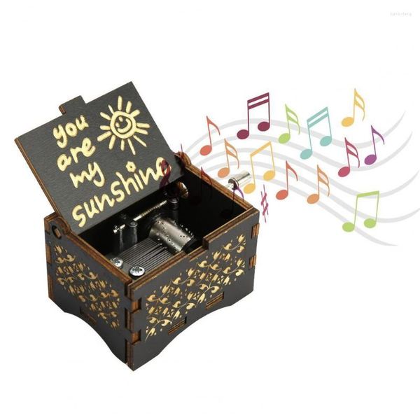 Figuras decorativas Caja de música de madera vintage con manivela grabada Caja musical pequeña Regalo Jugar You Are My Sunshine Melody para San Valentín