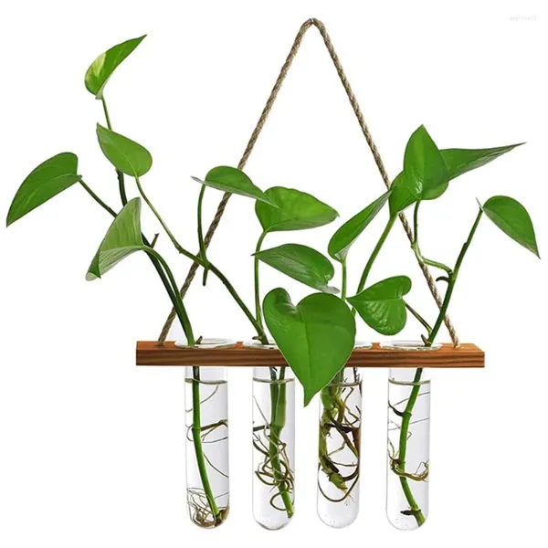 Figurines décoratines mur suspendu tube de tube en verre vase planter vase avec cordes de support en bois terrarium