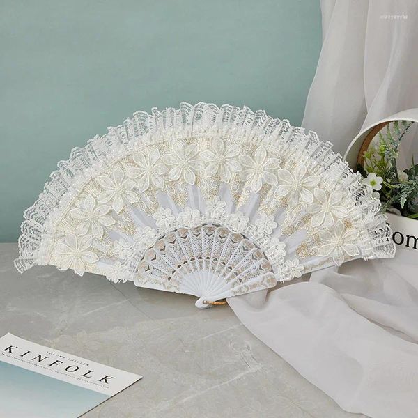 Figuras decorativas ventilador de mano de encaje lolita blanco para fiestas decoración de la novia de boda con perlas de imitación bricol