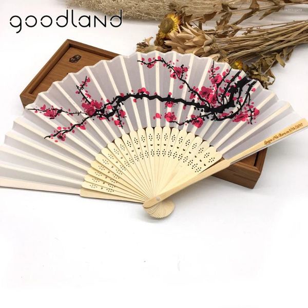 Figuras decorativas Ventiladores de poliéster blanco Elegante Flor de flor impresa Flower Plegable TEXTO DE IMPRESIÓN PERSONOCINA Partido de boda Regalo