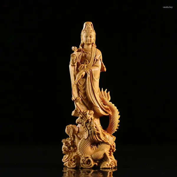 Figurines décoratives sculpture sur bois Guanyin Statue bouddha ornements bouddhisme décor à la maison sculpté à la main salon Feng Shui