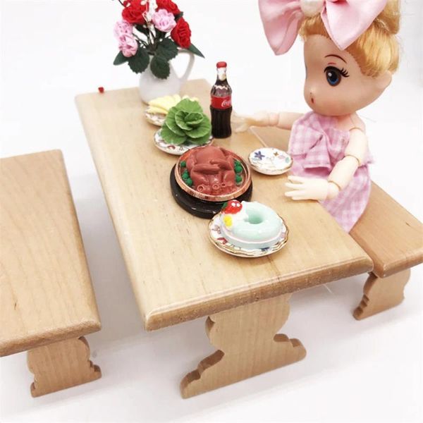 Figurines décoratives en bois simulation à manger table chaise jouet salon room coll house accessoires 1/12 mini meubles de maison de poupée
