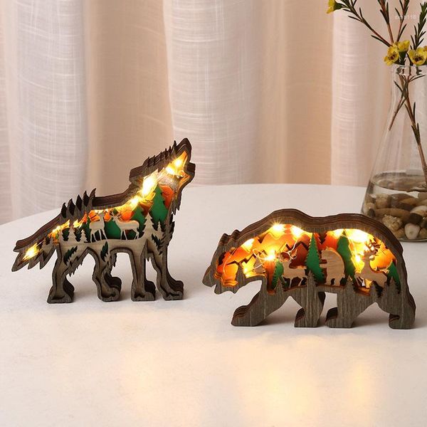 Figuras decorativas adornos de animales de madera LED LED 3D Tallado hueco de la sala del hogar Crafts Descripción de la oficina Accesorios de decoración del dormitorio