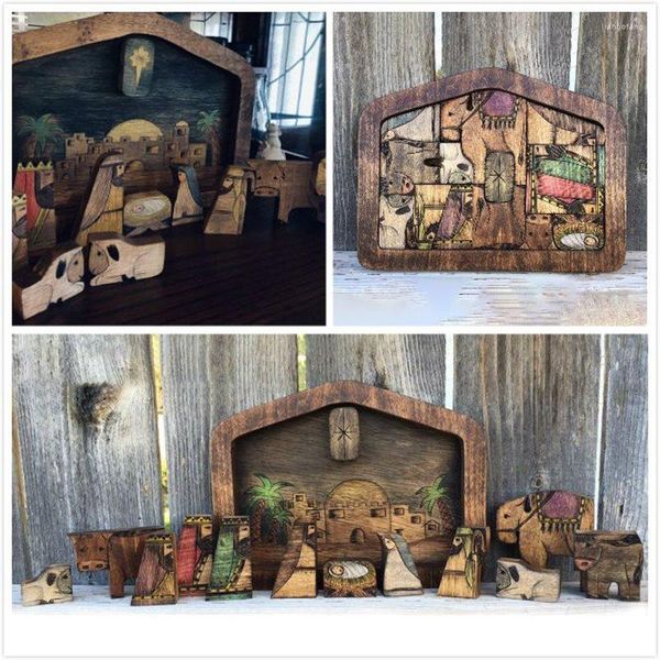 Figurines décoratives en bois Jésus Puzzles Nativité Ensemble Puzzle Jeu Enfants Bureau Figurine