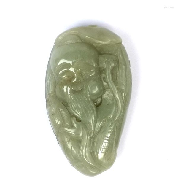 Figuras decorativas YIZHU CULTUER ART Certificado Colección China Hetian Jade Tallado Auspicioso Viejo Pescador Colgante Decoración