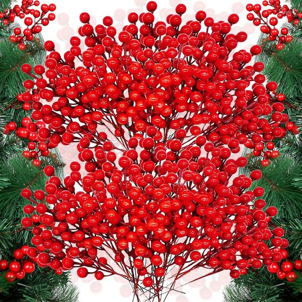 Flores decorativas 1-12 ramas con 30 cabezas Ramo de ramas de bayas artificiales Plantas de estambre de bayas de acebo rojo Fiesta de Navidad Decoración del hogar