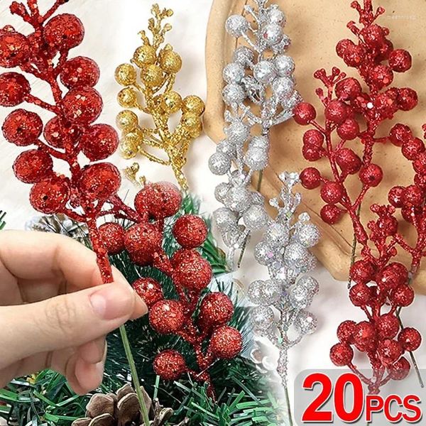 Flores decorativas 1/20 piezas Glitter Navidad bayas artificiales oro polvo rojo acebo baya planta falsa árbol de Navidad adornos fiesta decoración del hogar