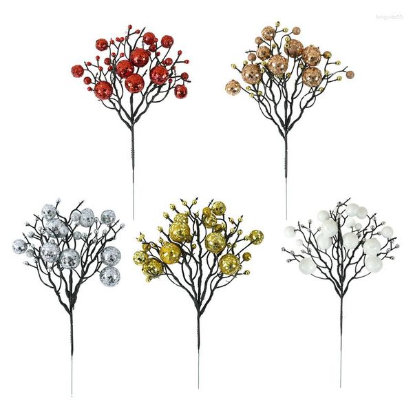 Fleurs décoratives 1/2 pièces tiges de baies de paillettes de noël fleur artificielle or argent cerise baie brindille ornement d'arbre de noël couronne de bricolage