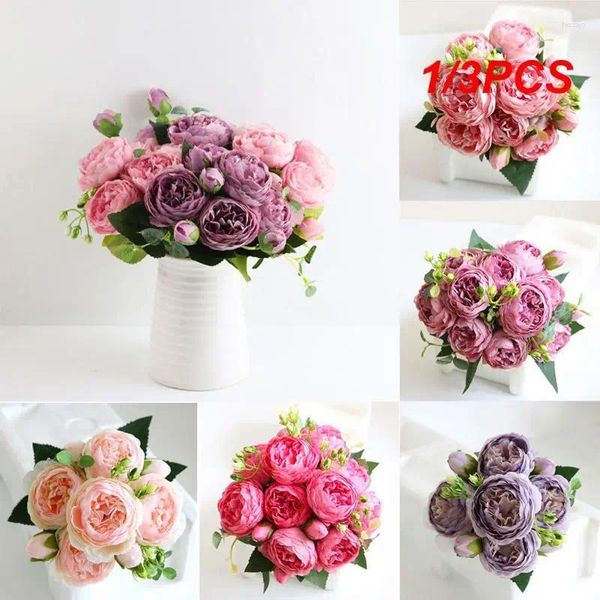 Flores decorativas 1/3 Uds. Ramo artificial de peonía de seda rosa de 30cm 5 cabezas grandes y 4 capullos falsos para decoración de boda en casa