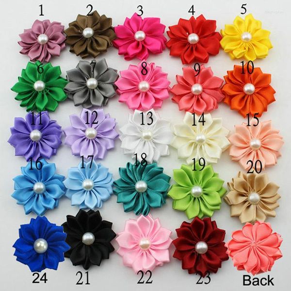 Flores decorativas 1,5 ''Mini flor de cinta de satén sólida DIY en stock para accesorios para el cabello 24 colores 120 Uds HBF01