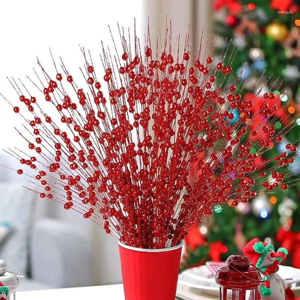 Flores decorativas 1/5 Uds ramo de bayas rojas artificiales plata DIY artesanía rama florero árbol de Navidad año fiesta decoración del hogar planta falsa