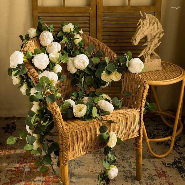 Fleurs décoratives 1.6 m Imitation tissu de soie pivoine Rose vert longue vigne guirlande décor maison jardin mariage décoration de noël fausse fleur