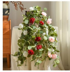 Flores decorativas 1.7m Peonía falsa Rose Vines Garland artificial Eucalipto Planta colgante para la casa de la puerta del arco de la boda Decoración navideña