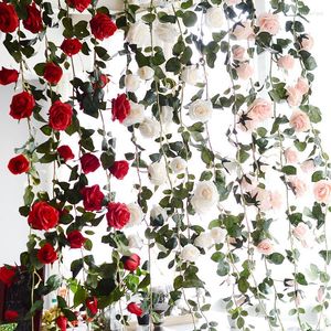 Fleurs décoratives 1.8M Artificielle Rose Lierre Vigne De Mariage Décor Real Touch Soie Fleur Guirlande Chaîne Avec Des Feuilles Pour La Maison Suspendue