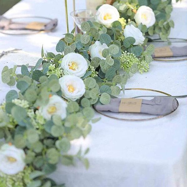 Flores decorativas 1,8 M decoración de pared de boda ratán Artificial 8 cabezas Camelia seda hojas de eucalipto planta verde flor guirnalda