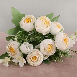 Fleurs décoratives 1 bouquet 12 têtes de pivoine artificielle thé rose camélia soie fausse fleur flores pour bricolage maison jardin décoration de mariage