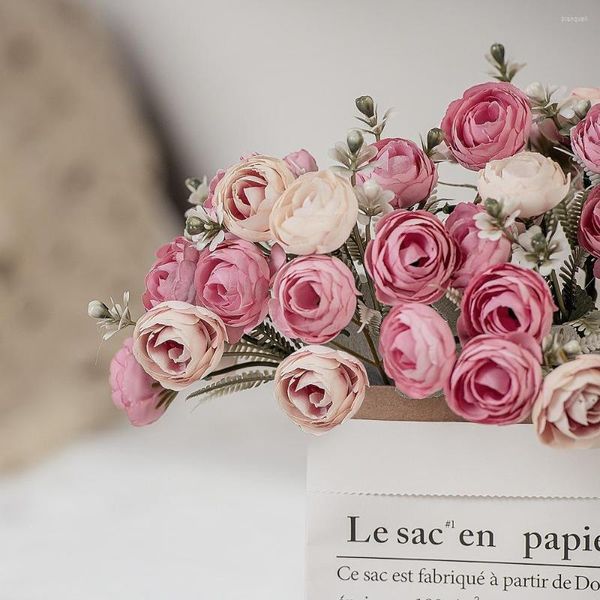 Fleurs décoratives 1 bouquet 18 têtes de pivoine artificielle thé rose camélia tissu fausse fleur flores pour bricolage maison jardin décoration de mariage