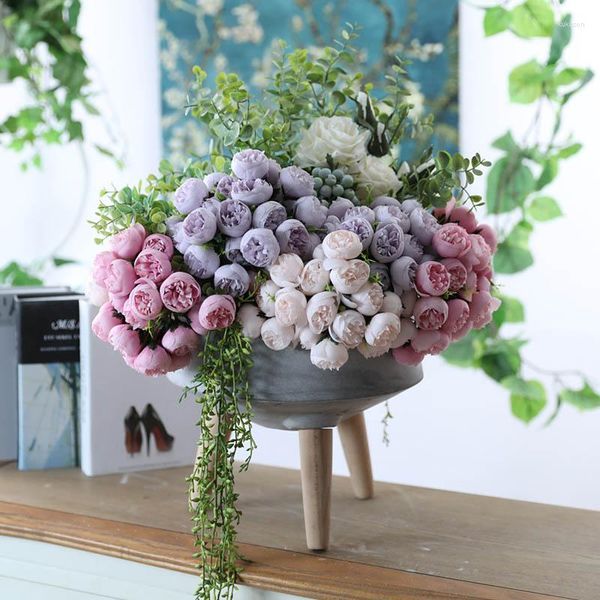 Fleurs décoratives 1 Bouquet 27 Têtes Artificielle Pivoine Thé Rose Soie Faux Flores Fleur De Mariage DIY Maison Jardin Décoration Plantes