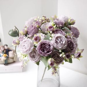 Fleurs décoratives 1 Bouquet 9 Heads Artificial Peony Teon Rose for Home Garden Wedding Diy salon décor Silk Automne Faux