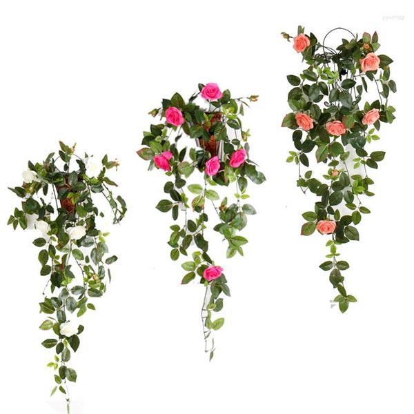 Flores decorativas 1 ramo de flores falsas de seda ratán artificial rosa vid colgante de pared cesta guirnalda sala de estar balcón hogar boda decoración