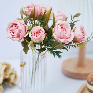 Fleurs décoratives 1 bouquet vintage soies artificielles pivoine vert rouge rose rose fausse fleur pour table de mariage décor de fête de la maison