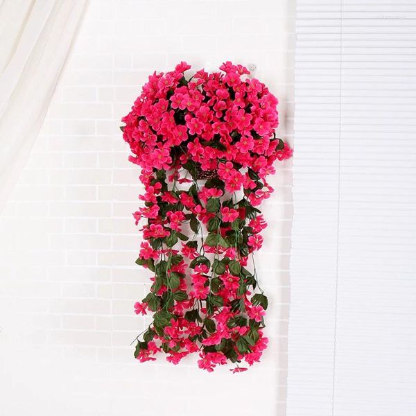 Flores decorativas 1 ramo violeta plantas artificiales para colgar en la pared guirnalda de vides cesta follaje falso flor orquídea boda el decoración del hogar