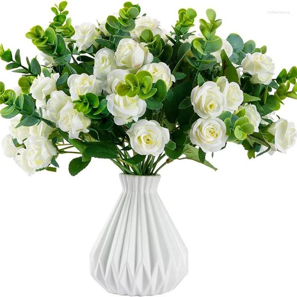 Fleurs décoratives 1 Bouquet 5 Branche 11 Fleur Tête Rose Eucalyptus Feuilles Bouquet Blanche Artificielle Décoration Mariage Kunstbloemen