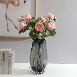 Fleurs décoratives 1 peloton artificielle roses 3 têtes de soie de soie fausses plantes pour la fête de mariage bouquets à main salon décoration de la maison