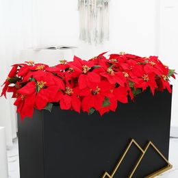 Fleurs décoratives 1 Bouquet Haute Classe Flanelle Artificielle Grande Tête De Fleur Rouge Faux Poinsettia Buissons Bouquet Arbre De Noël Ornement Maison