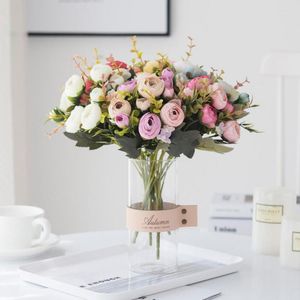 Decoratieve bloemen 1 Bundel kunstmatige 30 cm roze kleine thee -rozen knoppen voor thuisfeest el accessoires bruiloft decoratie zijden nep planten