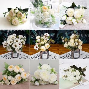 Fleurs décoratives 1 pièces pivoine artificielle blanche thé Rose automne soie fausse pour bricolage salon maison jardin décoration de mariage