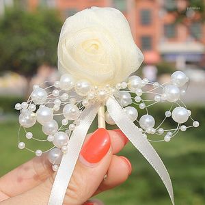 Flores decorativas 1 pieza ramillete de boda novio Boutonniere fiesta graduación hombre hecho a mano gasa hilo rosa cristal hombres traje broche flor