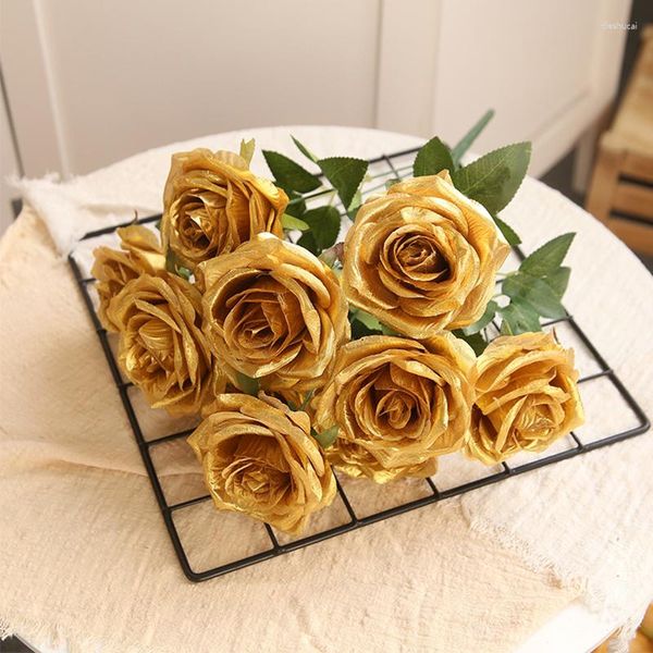 Fleurs décoratives 10/1 têtes doré argent Rose fleur artificielle bricolage mariage arrangement Floral matériel soie bouquet de mariée Po Prop maison