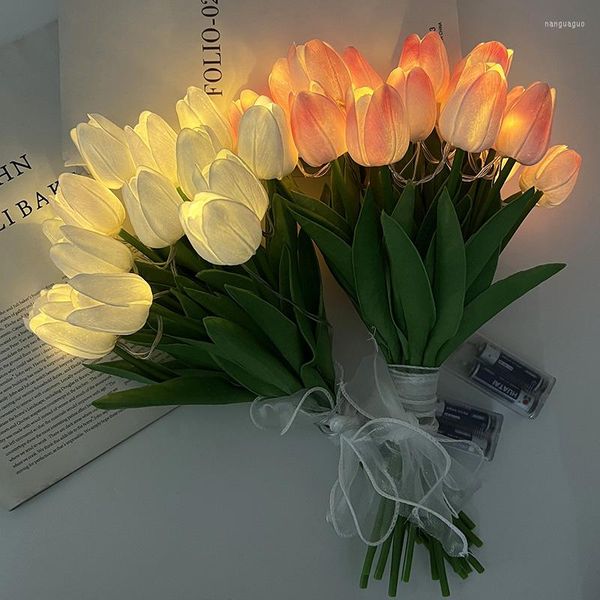 Fleurs décoratives 10/15 pièces tulipes de fleurs artificielles avec lumières LED bouquet de tulipes lampe de nuit pour la décoration de table de mariage à la maison anniversaire