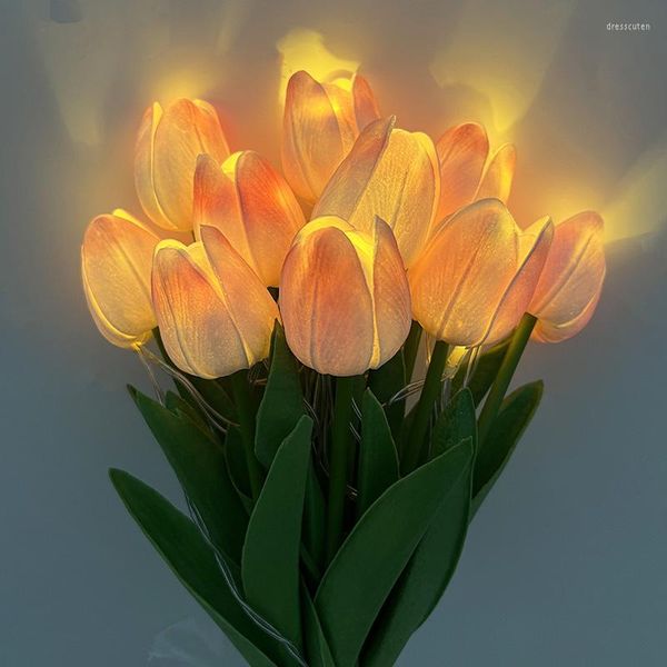 Flores decorativas 10/15 piezas tulipanes artificiales con luces LED ramo de tulipanes lámpara de noche para el hogar Decoración de mesa de boda cumpleaños regalo de Navidad