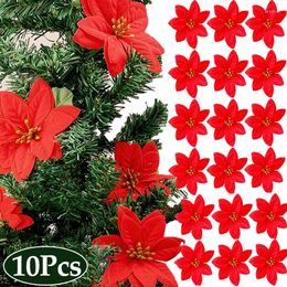 Fleurs décoratives 10 / 1pcs 14 cm Heads de fleurs de rose artificielles pour ornements d'arbre de Noël Scrapbooking DIY SILK ANNÉ