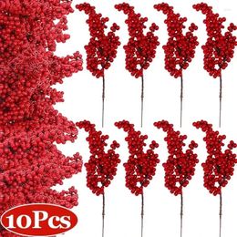 Fleurs décoratives 10/1 pièces baies rouges de noël artificielles Simulation Branches de mousse pour la fête de l'année bricolage couronne décorations d'arbre de noël