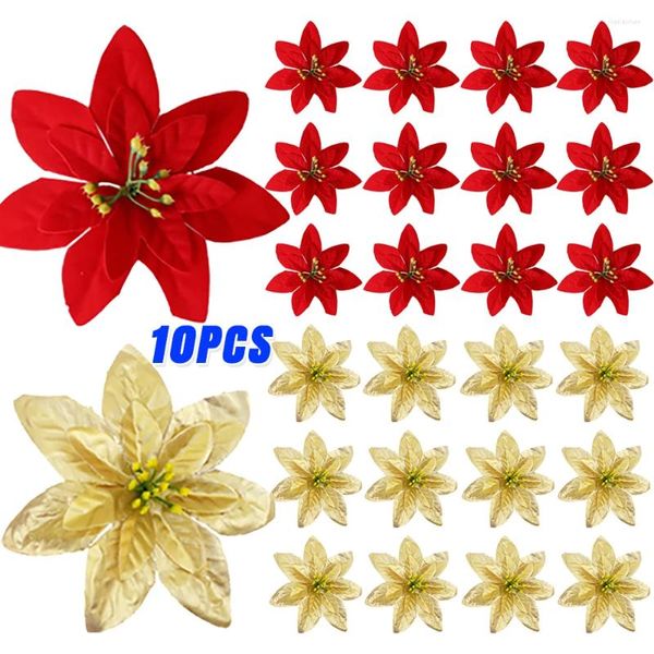 Flores decorativas 10/1 Uds. Artificial Navidad seda roja cabezas de rosas flor adornos de árbol de Navidad falso hogar Navidad decoración del año