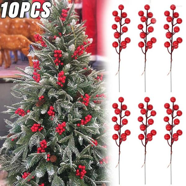 Fleurs décoratives 10/1 pièces Bouquet de baies rouges artificielles fausses branches d'étamine de plante pour les ornements de table à la maison décors de fête de noël