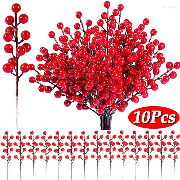 Fleurs décoratives, 10/1 pièces, tiges de baies rouges artificielles, pics de noël, branche de houx pour décorations d'arbre, artisanat de couronne DIY