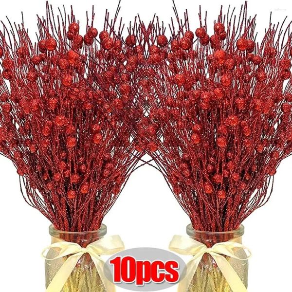 Flores decorativas 10/1 Uds. Tallo de baya con purpurina navideña, ramitas brillantes de oro y plata artificiales, adornos de corona de árbol, suministros de decoración para fiestas