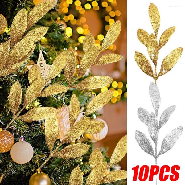 Flores decorativas 10/1 piezas de hojas artificiales brillantes árbol de Navidad brillo oro hoja de plata ramas simuladas corona DIY regalos adornos