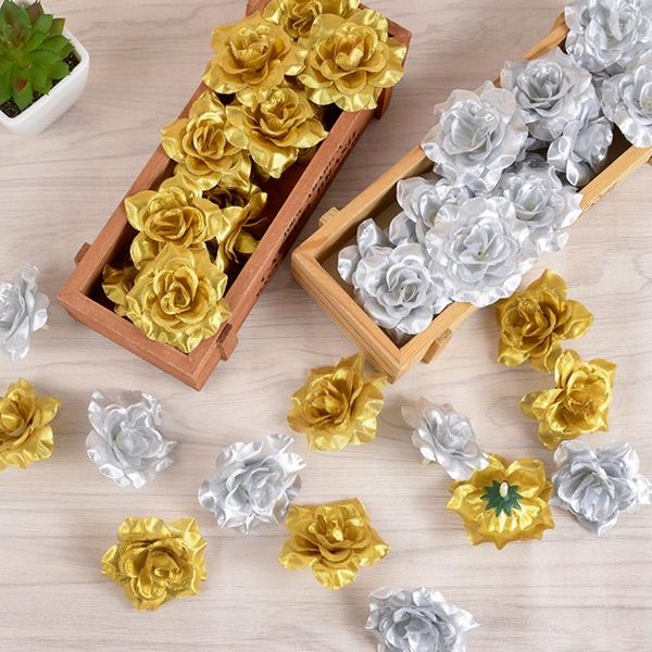 Fleurs décoratives 10/20/30pcs 6cm or argent têtes de fleurs artificielles tête de rose en soie pour mariage décoration de la maison guirlande de noël décor bricolage