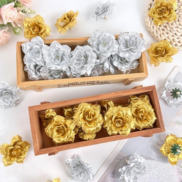 Fleurs décoratives 10-30pcs 6cm Or Artificielle Rose Têtes De Fleurs En Soie Pour Mariage Maison Fête Banquet Décoration DIY Guirlande De Noël