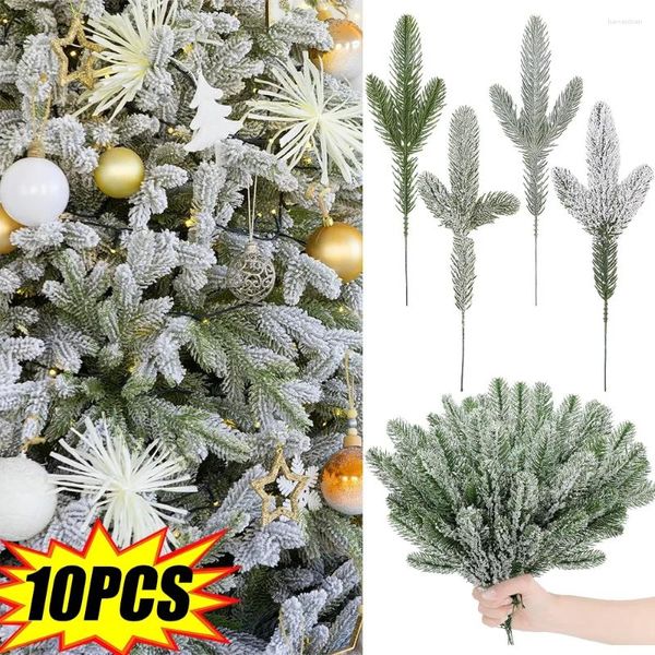 Fleurs décoratives 10 / 5pcs Christmas Snow Pine Branches Aignees artificielles Diy Fake Plants Couronne d'ornements Festival Party Home Bureau